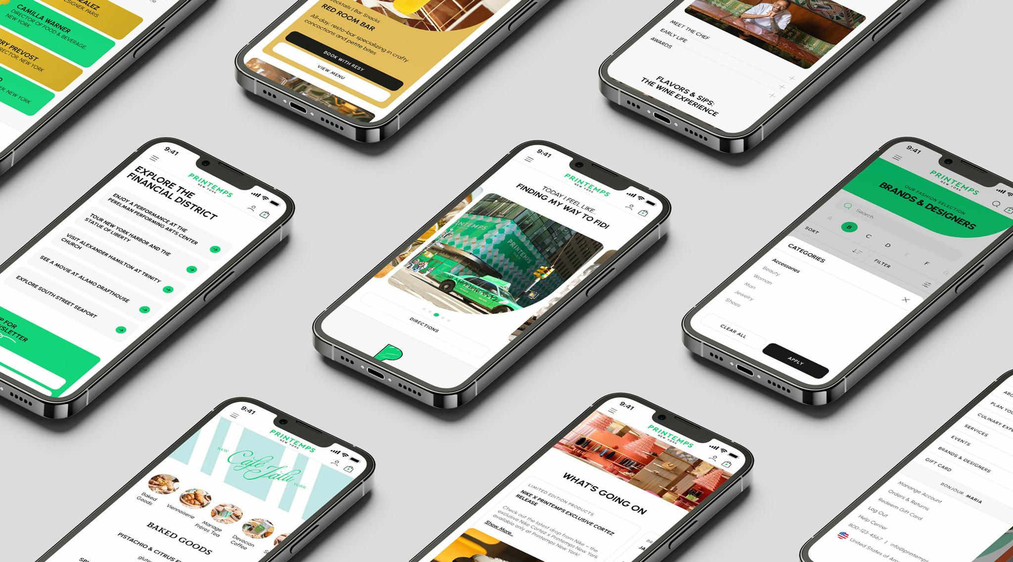 Multiple smartphones displaying Printemps app screens on a gray background