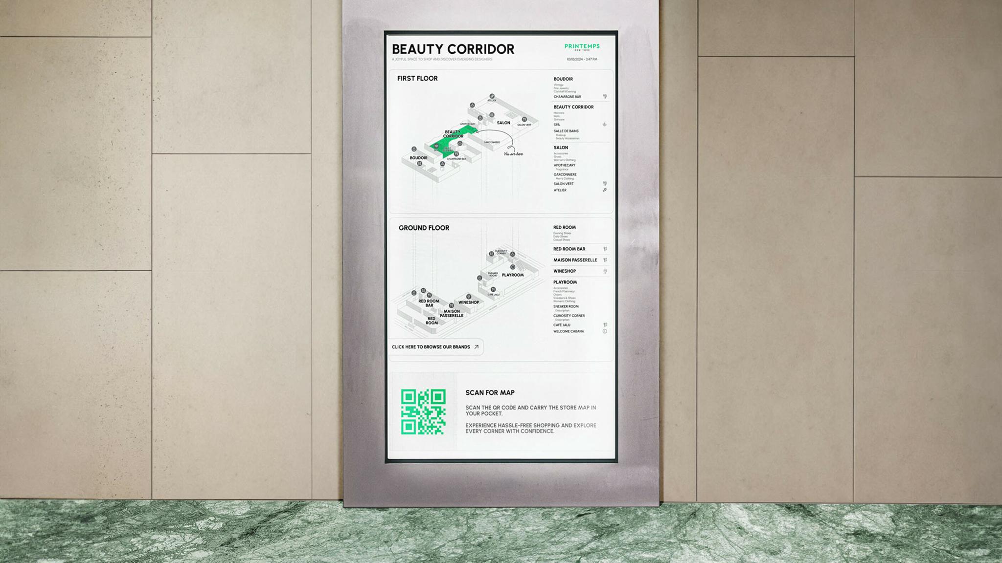 Wall-mounted Beauty Corridor directory on a paneled wall above green marble