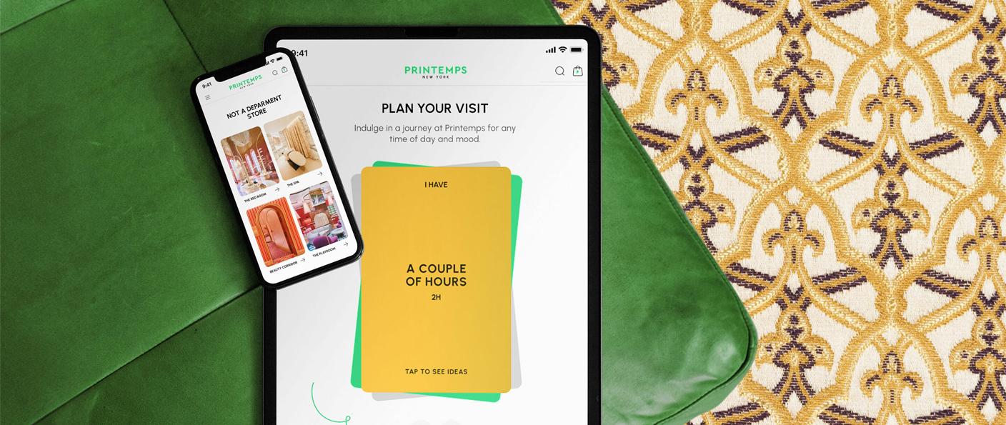 Phone and tablet on a green chair showing the Printemps visit planning website