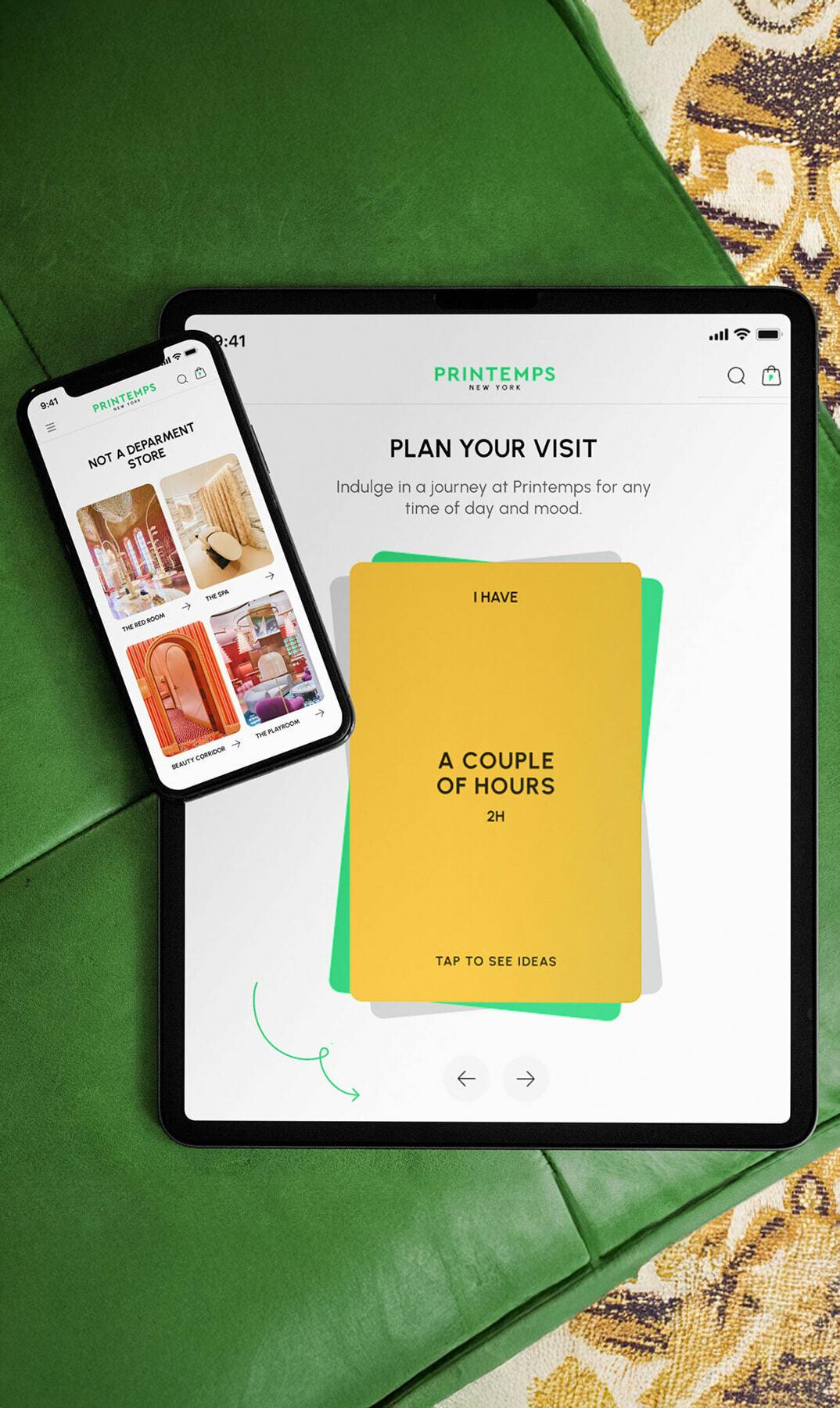 Phone and tablet showing the Printemps New York visit planning website