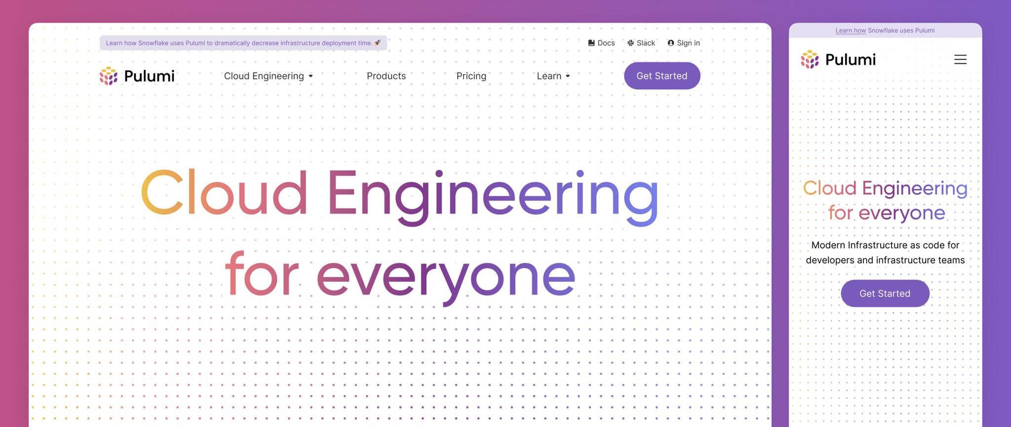 Pulumi desktop and mobile homepage mockups on a purple gradient background