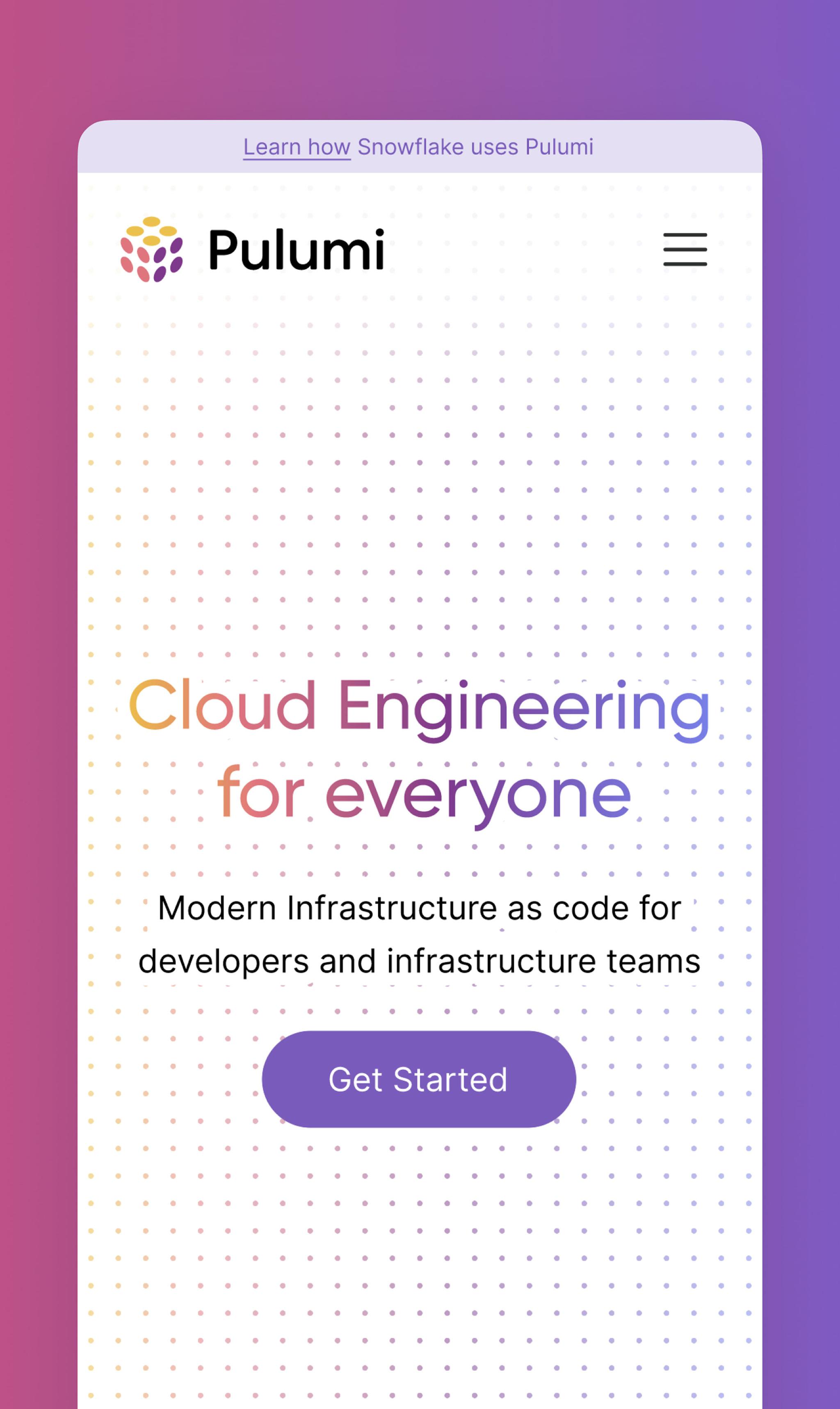 Mobile Pulumi homepage mockup with Cloud Engineering for everyone headline