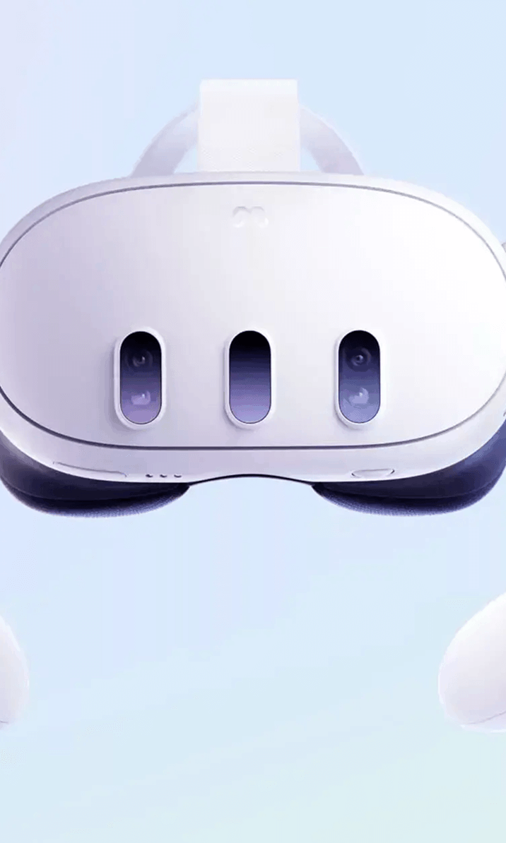 Close-up front view of a white VR headset with three cameras