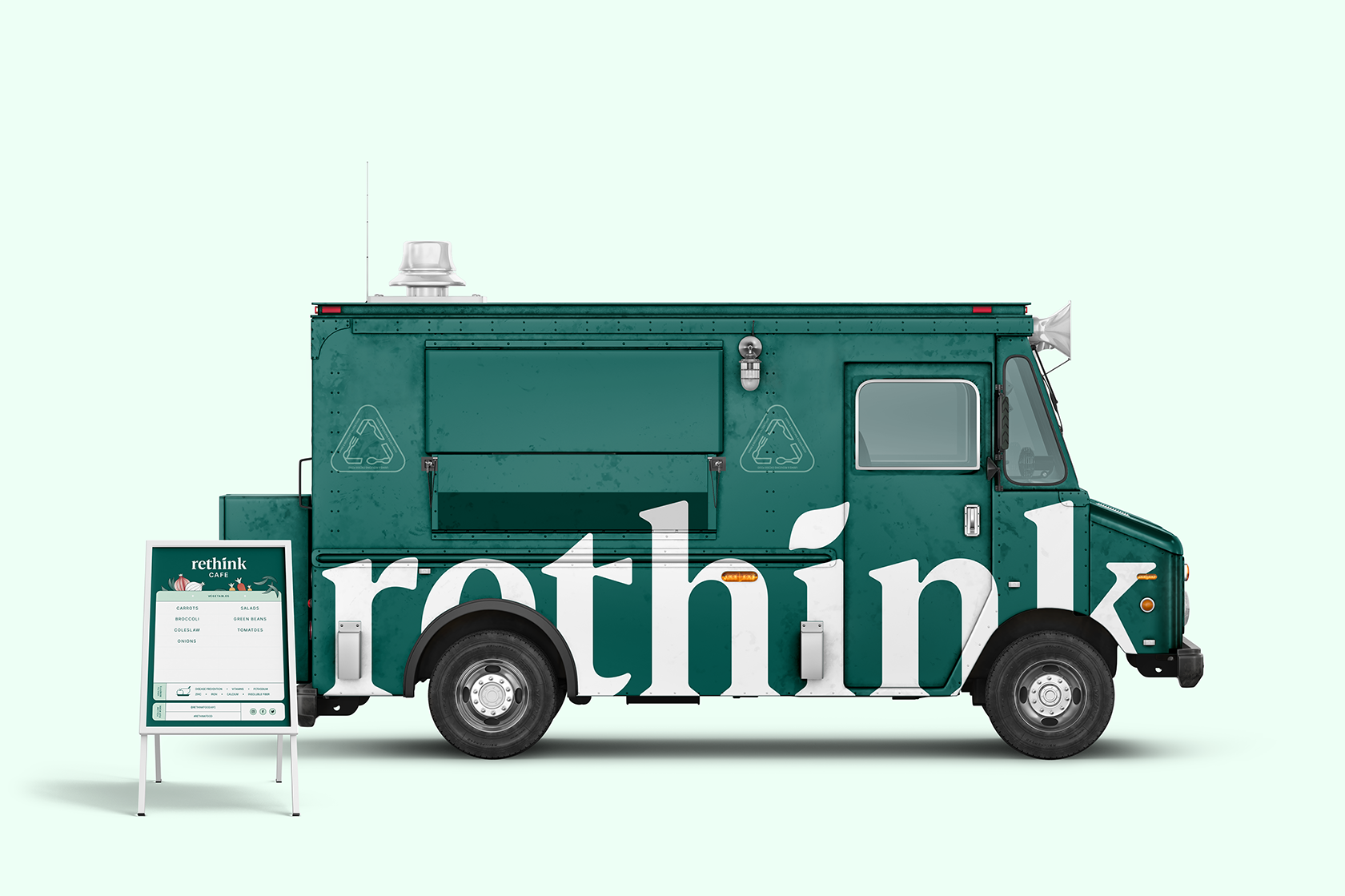 Green rethink food truck with a sidewalk menu sign