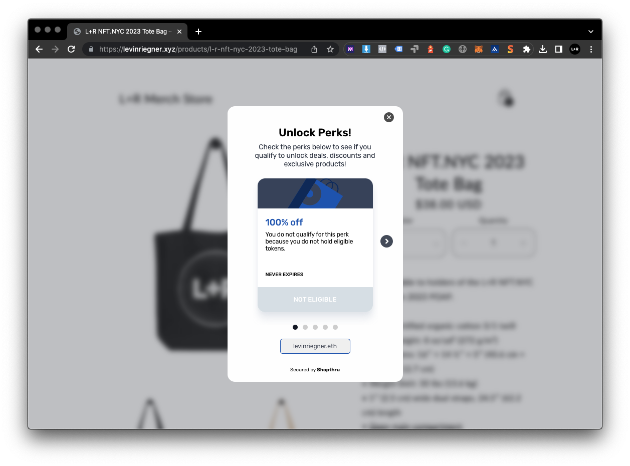 Browser window showing an Unlock Perks pop-up with a 100% off offer on a tote bag page