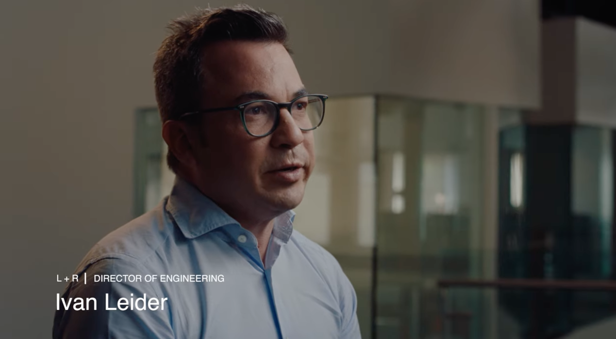 Ivan Leider, L+R director of engineering, speaking on camera in the studio's office