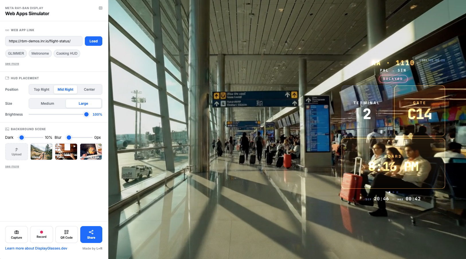 Web app simulator showing flight details over an airport terminal scene.