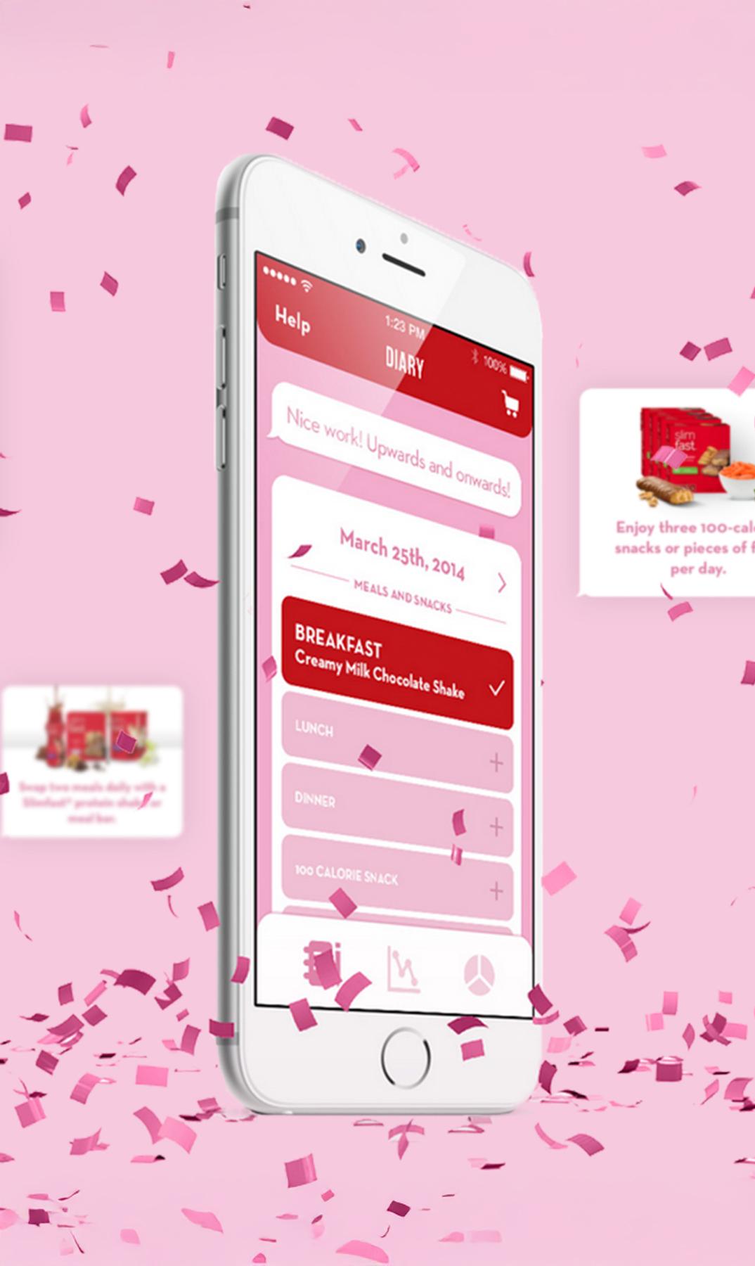 Smartphone showing a pink diet diary app screen with confetti on a pink background
