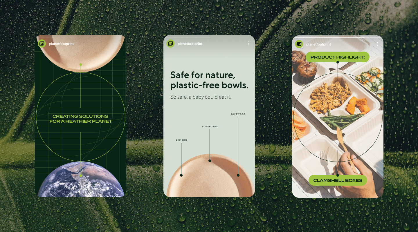Three Footprint social media post designs over a dewy green leaf background