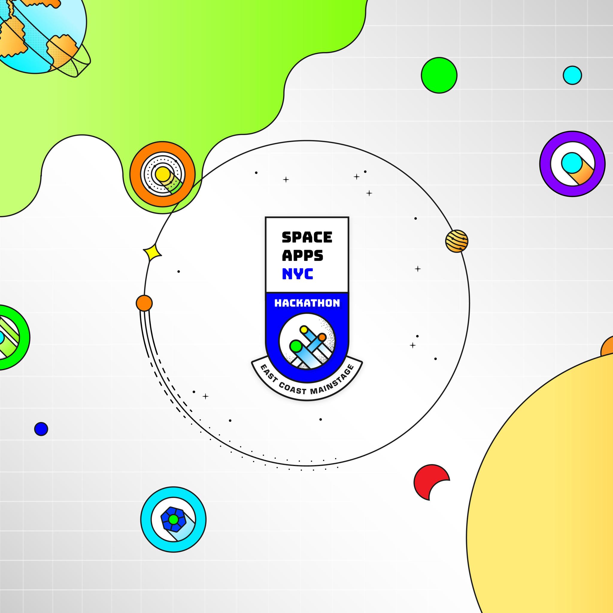 Space Apps NYC Hackathon badge amid illustrated planets and orbit lines