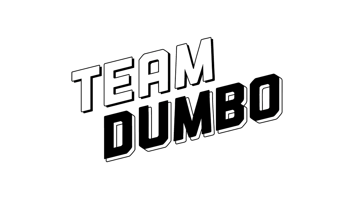 TEAM DUMBO logo in dark outlined letters on a green background