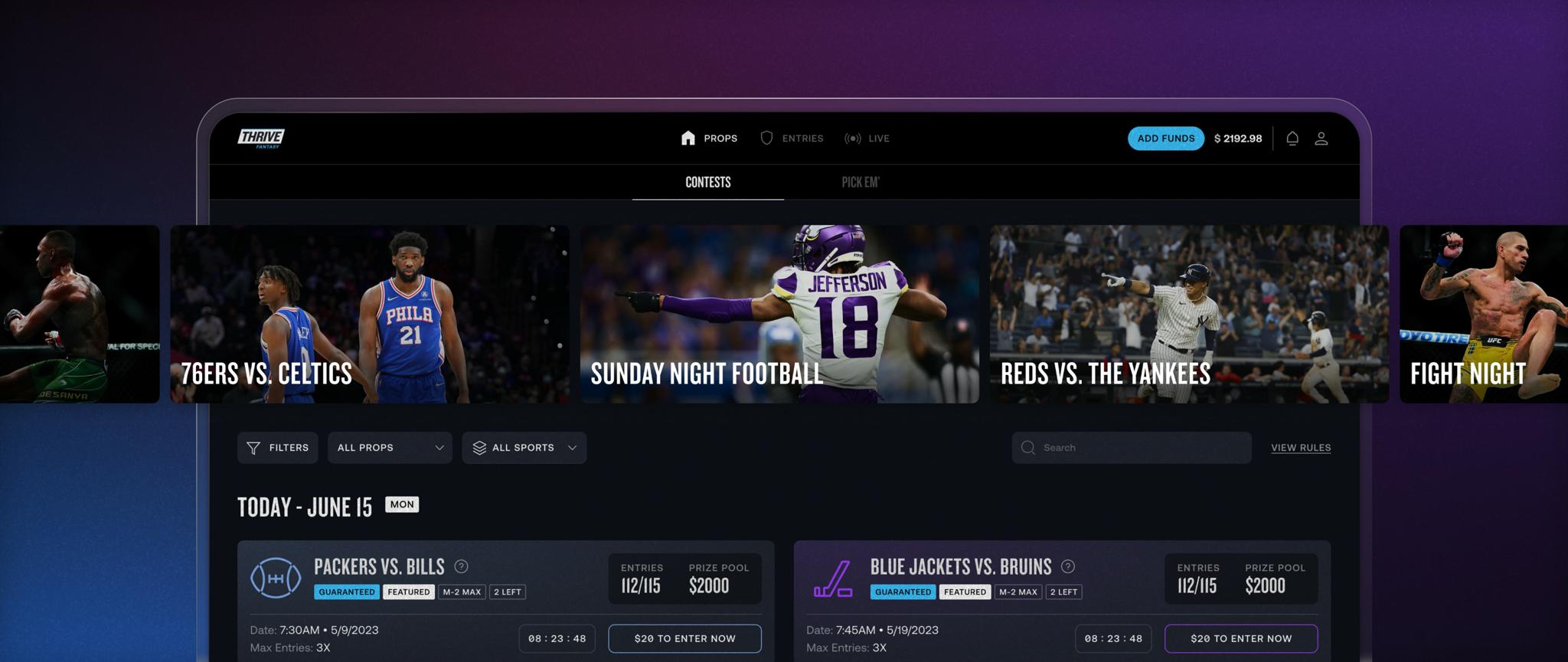Desktop sports contest dashboard with matchup cards and betting-style filters