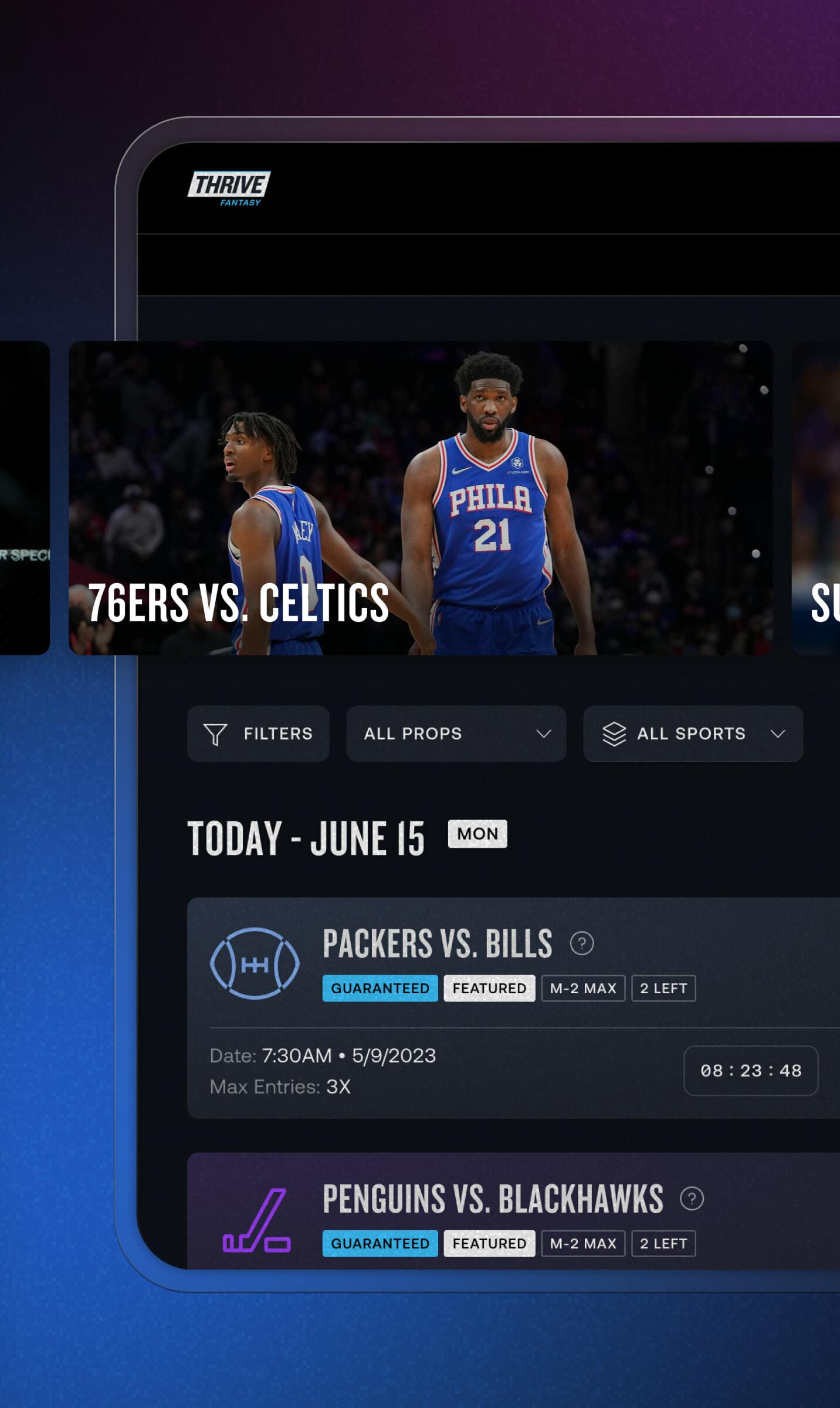 Sports contest app on a tablet showing 76ers vs. Celtics and other matchups