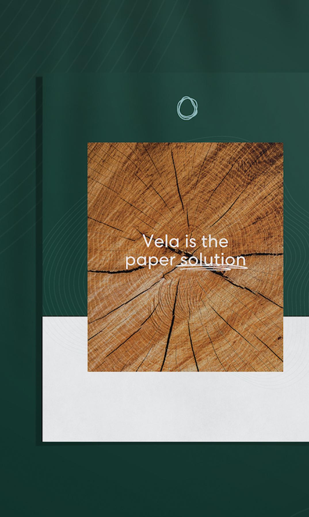 Green poster mockup with wood cross-section graphic and text "Vela is the paper solution"