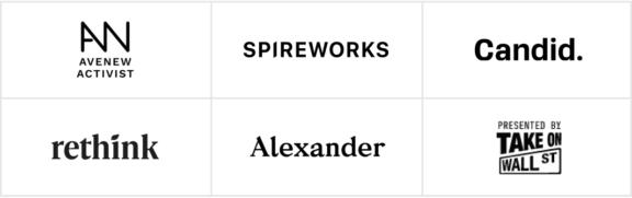 Grid of finalist logos: Avenew Activist, Spireworks, Candid, rethink, Alexander, Take on Wall St