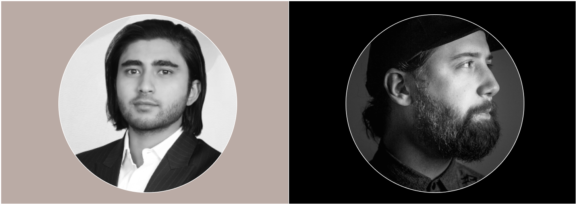 Two black-and-white circular headshots on split beige and black backgrounds