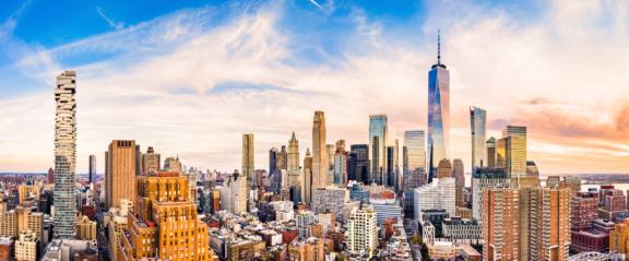 Panoramic New York City skyline at sunset