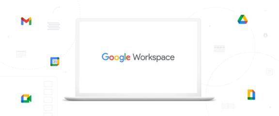 Google Workspace max 2600x2600 Google Workspace logo on a laptop screen with app icons around it