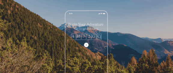 Header Wide mountain landscape with transparent phone UI and confirmation code