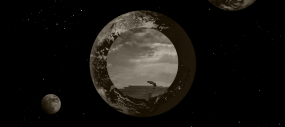 Planets floating in space with a circular landscape scene over the central planet