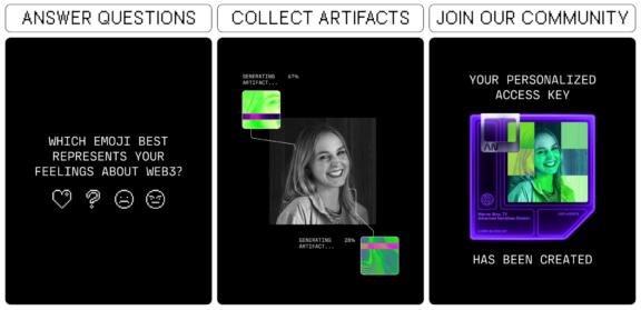 Three-step Web3 onboarding panels: answer questions, collect artifacts, join community