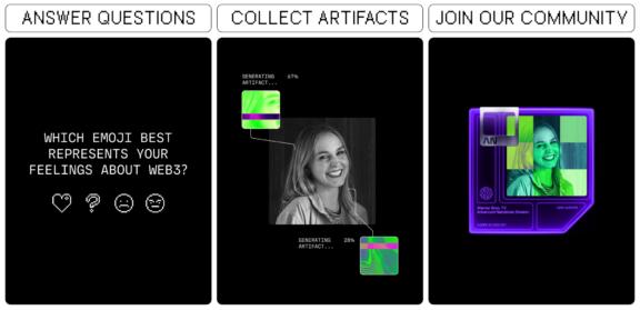 Three panels about Web3 questions, artifacts, and community