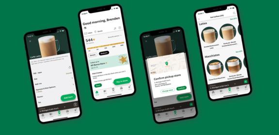Four mobile screens showing a coffee ordering app interface