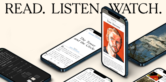 Phones displaying articles and media under the headline "READ. LISTEN. WATCH."