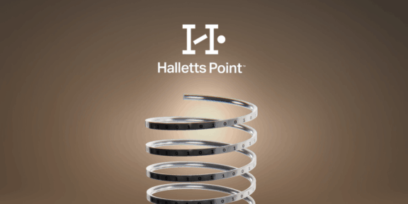 Halletts Point logo above a metallic spiral band on a brown gradient background