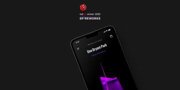 The Durst Organization Spireworks receive second Red Dot Design Award Smartphone mockup showing One Bryan Park app, with Red Dot Design Award winner 2025 logo above