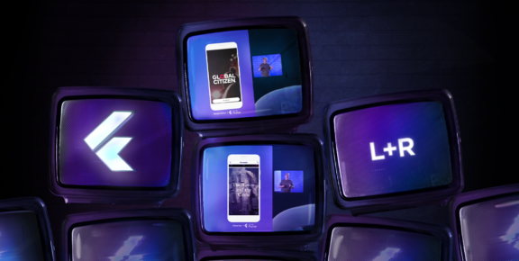Retro TVs display L+R branding, app mockups, and presentation slides