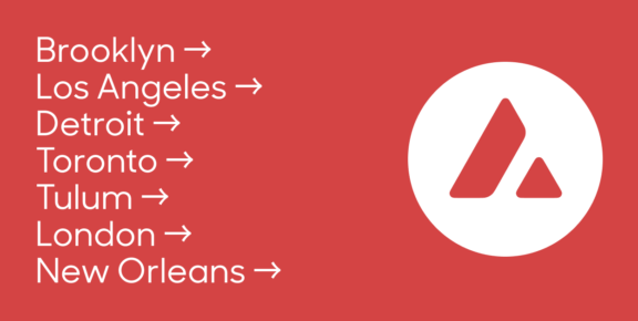Red graphic listing cities with arrows and a white circular A logo