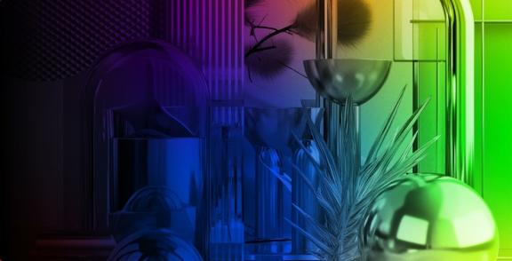 Abstract glass, metal, and plant forms under colored lighting