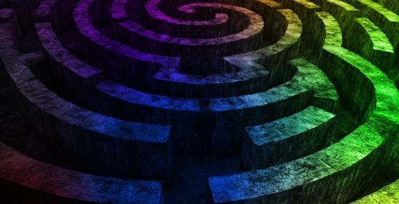 Circular maze illuminated in rainbow colors