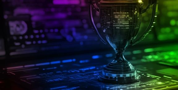 Trophy on a circuit board with colorful tech lighting