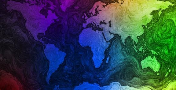 Colorful abstract world map with textured swirls