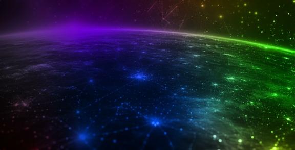 Digital network lights across a planet-like horizon