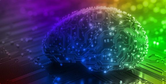 Glowing circuit-pattern brain on a colorful tech background