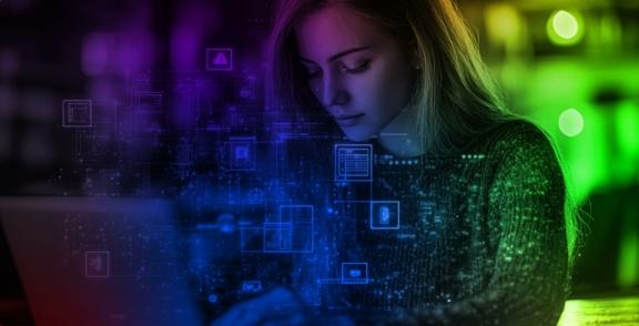Woman using a laptop with digital icons overlaid