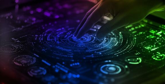 Fingers interacting with a colorful futuristic touchscreen interface