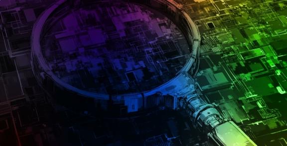 Magnifying glass over a circuit board in neon lighting