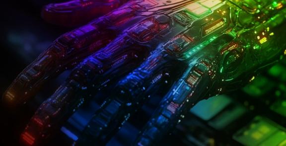 Close-up of a robotic hand with illuminated circuitry