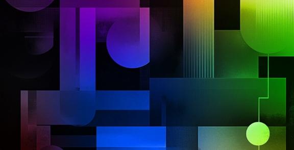 Abstract geometric design with blue, purple, green, and yellow gradients