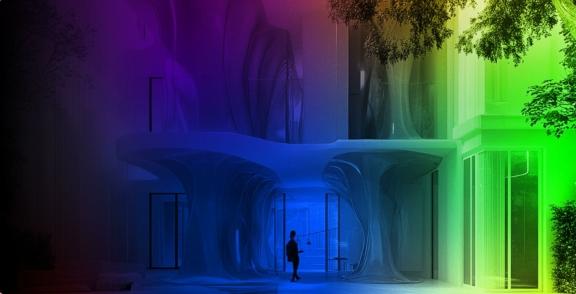 Futuristic building entrance with a small person standing outside