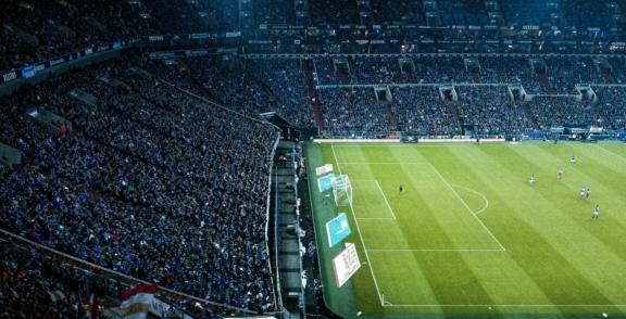 Sports 2 min Packed soccer stadium viewed from above during a match