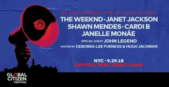 Global Citizen Festival poster for NYC 9.29.18 with lineup including The Weeknd, Janet Jackson, and John Legend
