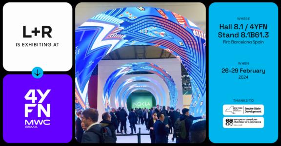 L+R 4YFN MWC exhibition announcement with trade show archway photo and event details.