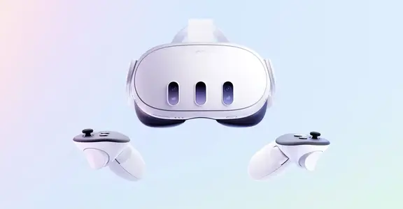 Download 1 Meta Quest 3 headset and two controllers on a pale gradient background