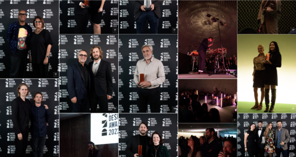 Collage of design awards event portraits, stage performances, and audience scenes