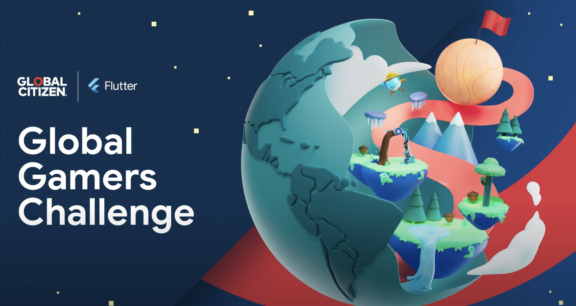 Global Gamers Challenge banner with Global Citizen and Flutter logos beside a fantasy globe illustration